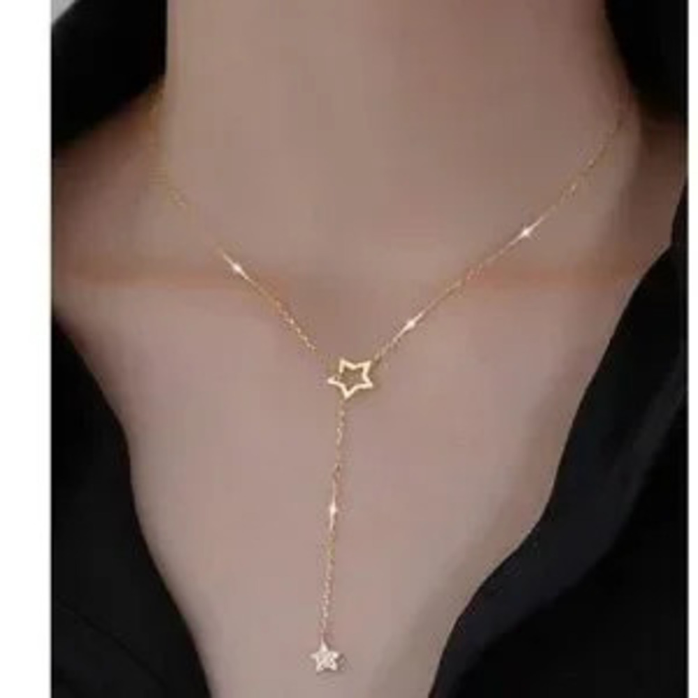 Luxe Stainless Steel Rhinestone Star Lariat Pull Necklace